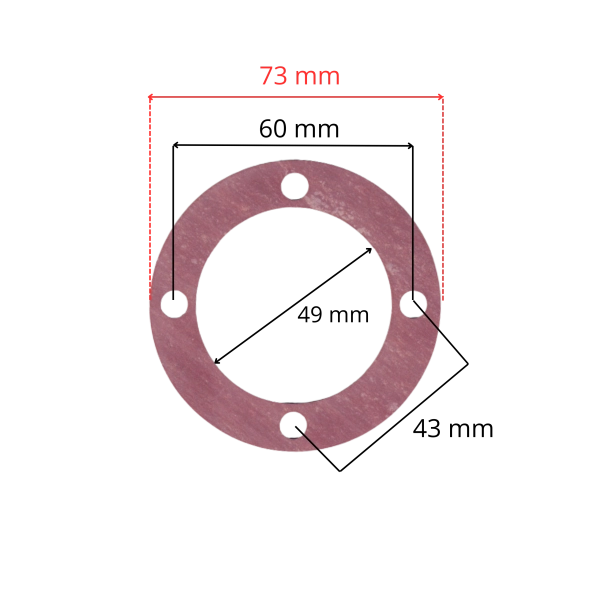 Wymiary uszczelki cylindra ZVA do kompresora z tłokiem 47 mm i czterema otworami montażowymi.
