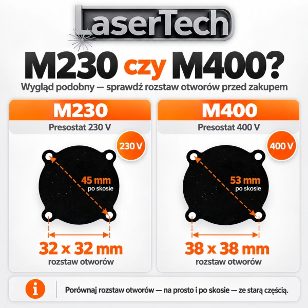 Grafika porównawcza membran presostatu Lasertech M230 i M400 z oznaczeniem rozstawu otworów: M230 – 32 × 32 mm i 45 mm po skosie, M400 – 38 × 38 mm i 53 mm po skosie.