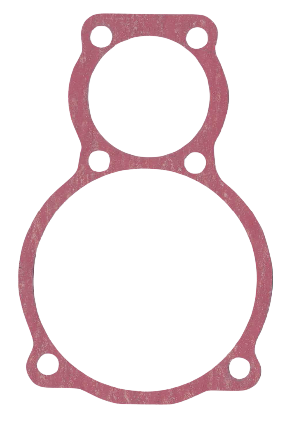Różowa uszczelka cylindra przedstawiona na białym tle. Produkt ma jeden większy i jeden mniejszy otwór cylindra oraz sześć otworów montażowych.