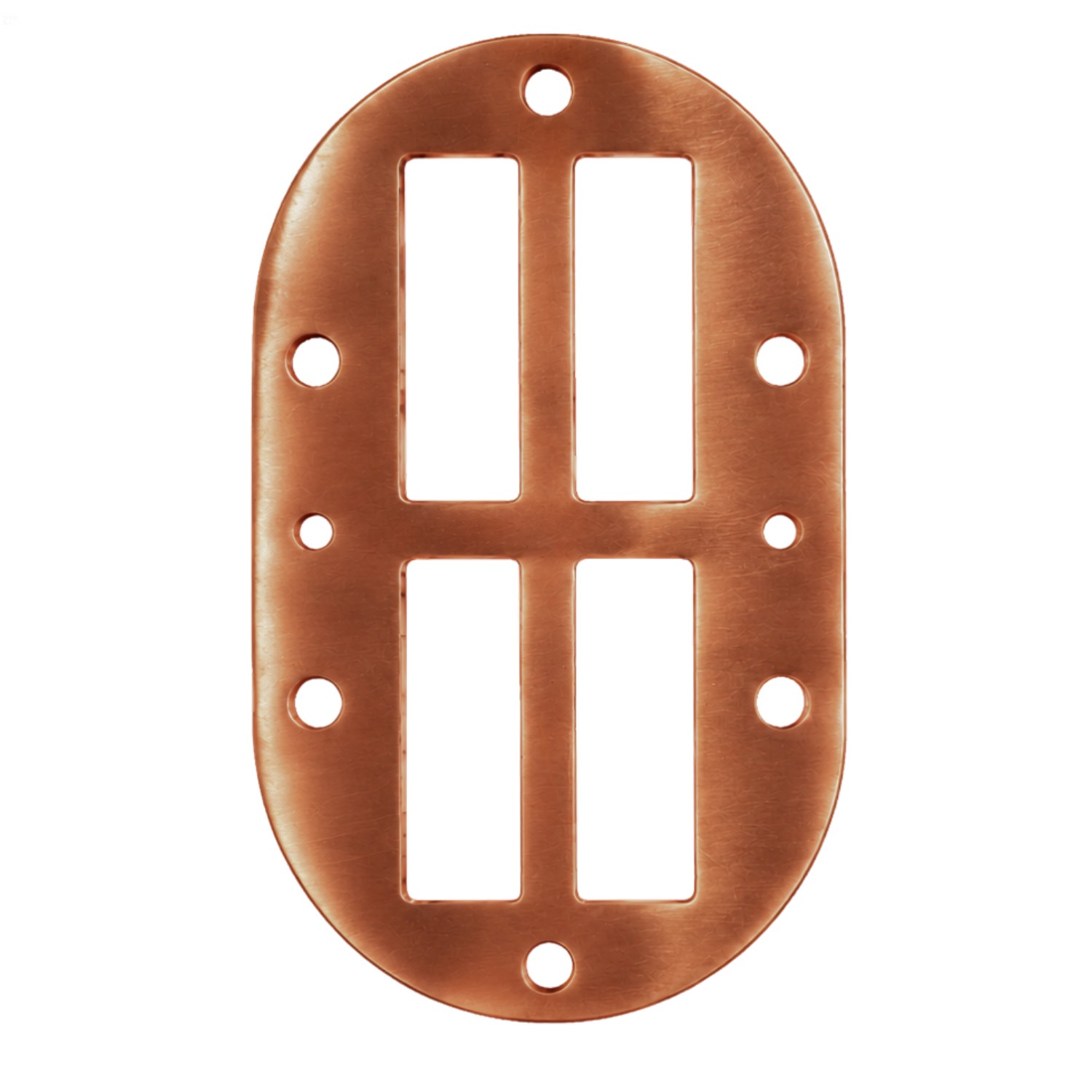 Miedziana uszczelka płyty zaworowej UPZK17 o podłużnym, zaokrąglonym kształcie, z czterema prostokątnymi wycięciami i ośmioma okrągłymi otworami, na białym tle.